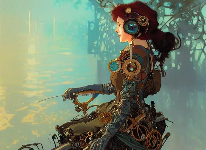 Prompt: woman model, steampunk!!! and modern, rgb, lake with trees!!, backlit, elegant, highly detailed, digital painting, artstation, concept art, smooth, sharp focus, illustration, art by krenz cushart and artem demura and alphonse mucha