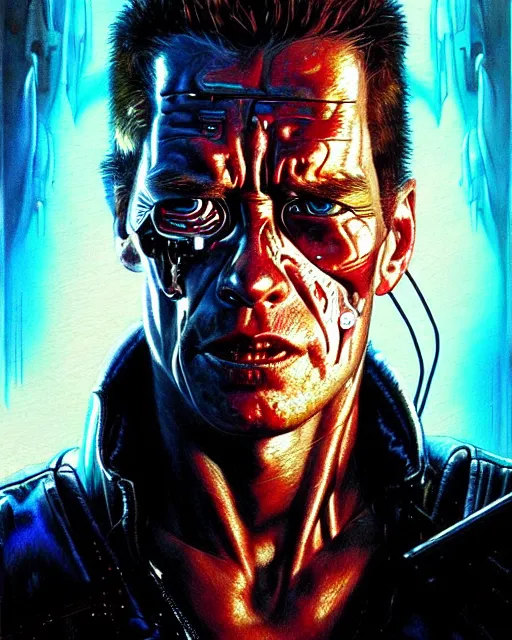 Image similar to a portrait of the terminator fantasy character portrait, ultra realistic, cinematic, concept art, wide angle, intricate details, hologram, highly detailed by greg rutkowski, aaron horkey, gaston bussiere, craig mullins, simon bisley, arthur rackham