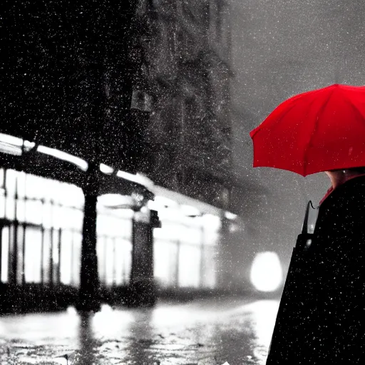 Image similar to A dramatic portrait of a detective in yellow rain coat , red umbrella , walking in a black and white street . Cinematic lighting