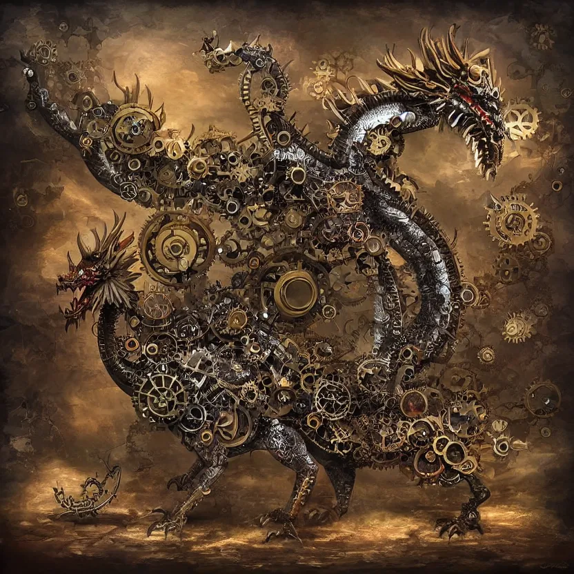Prompt: steampunk dragon made of clockwork gears. whimsical fantasy art. award winning painting. highly detailed digital art. masterpiece. trending on artstation
