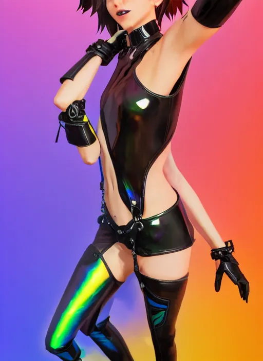 Image similar to full body digital artwork of tracer overwatch, wearing black iridescent rainbow latex swimsuit, 4 k, expressive happy smug expression, makeup, in style of mark arian, wearing detailed black leather collar, wearing chains, black leather harness, leather cuffs around wrists, detailed face and eyes,