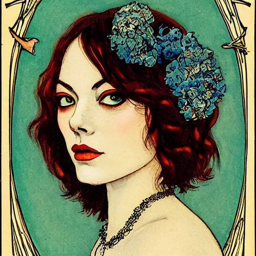 Image similar to emma stone portrait by louis - theophile hingre, zodiac, tarot cards, planets, ethereal, art nouveau