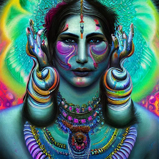 Prompt: An extremely psychedelic portrait of Shiva, surreal, LSD, face, detailed, intricate, elegant, lithe, highly detailed, digital painting, artstation, concept art, smooth, sharp focus, illustration