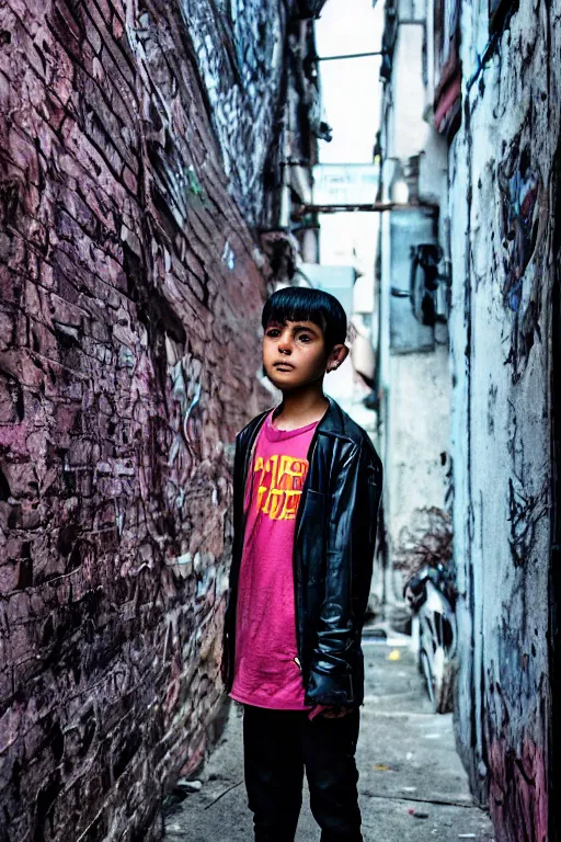 Prompt: photographic portrait of a young cyberpunk in an alleyway, in the style of eric lafforgue, kodak portra, hq