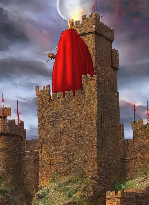 Image similar to A single Red Knight standing guard over the castle's gate, fantasy, artstation, highly detailed, 4k, digital painting, portrait by Larry Elmore