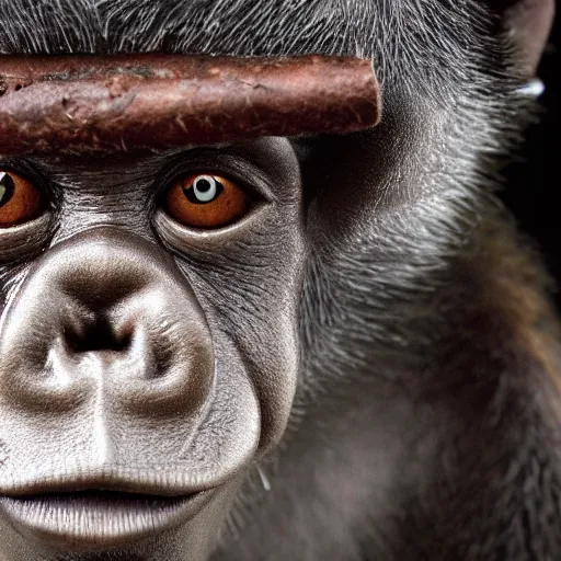 Image similar to a high detail closeup shot of a depressed monkey wearing a suit and smoking a cigar