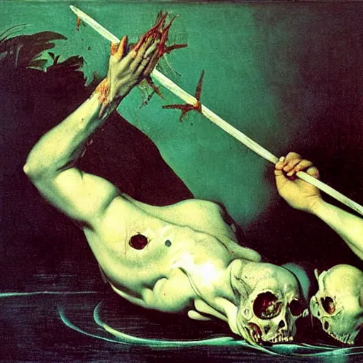 Image similar to painting by caravaggio of a drowned zombie, floating underwater, holding a trident with glowing cyan eyes, wearing ragged clothing, holding a trident, underwater, pastel green and blue color palette