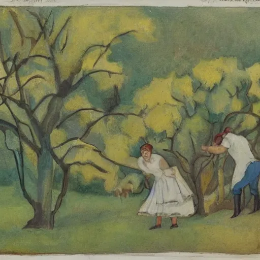 Image similar to A beautiful conceptual art depicting a farm scene. The conceptual art shows a view of an orchard with trees in bloom. by Gerda Wegener, by Peter Milligan dynamic
