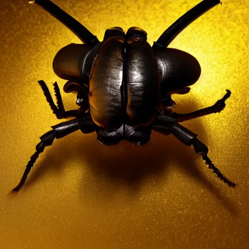 Prompt: Very high detailed rhinoceros beetle made of gold and metal standing on a carbon fiber background, smoke and powder, full body, big horn, robotic, nature, symmetrical, Greg Rutkowski, Charlie Bowater, Beeple, Unreal 5, hyperrealistic, dynamic lighting, fantasy art