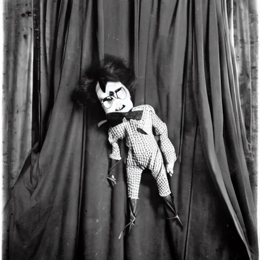 Prompt: ventriloquist doll holding a knife hiding behind a curtain, ventriloquist dummy, photo, hyperrealistic, creepy, dark, epic, cinematic, style of atget, style of cabinet of dr. caligari, detailed