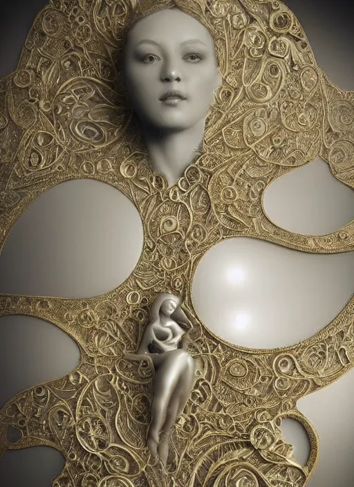 Prompt: glowing reflective shiny metal diamond, romantic marble sculpture of beautiful woman, glistening, mandelbulb, hypercube, ivory carving, fractal paisley inlay, lace, intricate, elegant, highly detailed, gold inlay, metallic, ivory, artgerm, lace, by ruan jia and greg rutkowski