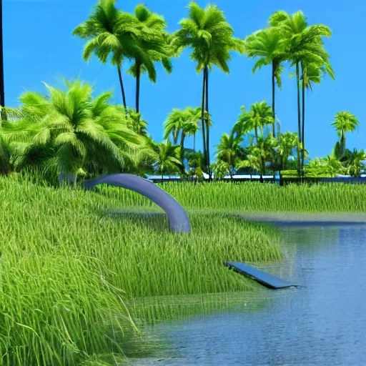 Prompt: futuristic suburb waterfront ultrarealistic 150mpx landscape photography grass trees photorealistic 8k