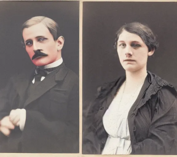 Image similar to color photo of attractive man and woman, age 40, in the year 1915