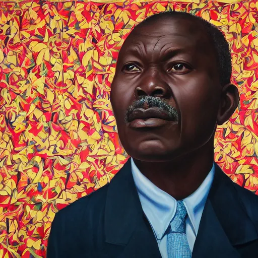 Image similar to a painting of a round face, XXL , fatherly, loving, caring, generous, ever-present, humble, wise elder from Kenya in a suit by Kehinde Wiley . Fatherly/daddy, focused, loving, leader, relaxed,. ethereal lights, details, smooth, sharp focus, illustration, realistic, cinematic, artstation, award winning, rgb , unreal engine, octane render, cinematic light, macro, depth of field, blur, red light and clouds from the back, highly detailed epic cinematic concept art CG render made in Maya, Blender and Photoshop, octane render, excellent composition, dynamic dramatic cinematic lighting, aesthetic, very inspirational, arthouse.