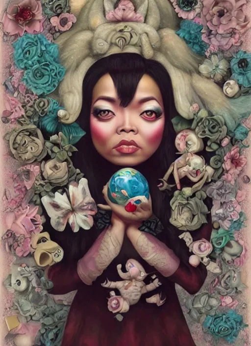 Image similar to pop surrealism, lowbrow art, realistic cute oprah winfrey painting, japanese street fashion, hyper realism, muted colours, rococo, natalie shau, loreta lux, tom bagshaw, mark ryden, trevor brown style,