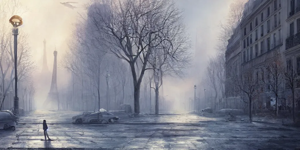 Prompt: nuclear winter, paris, near future, fantasy, sci - fi, hyper realistic, serene morning.