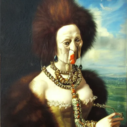 Image similar to dutch golden age oil painting by christian rex van minnen portrait of an extremely bizarre disturbing mutated woman wearing fancy fur and jewels with intense chiaroscuro lighting perfect composition