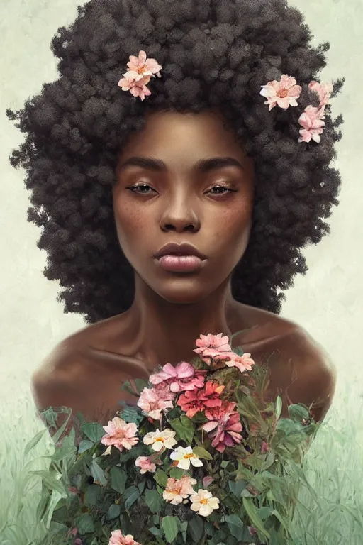 Prompt: ultra realistic illustration, black american girl with flowers blossoming from her afro, body covered in leaves, beautiful, elegant, highly detailed, digital painting, concept art, smooth, sharp focus, illustration, art by artgerm and greg rutkowski and alphonse mucha
