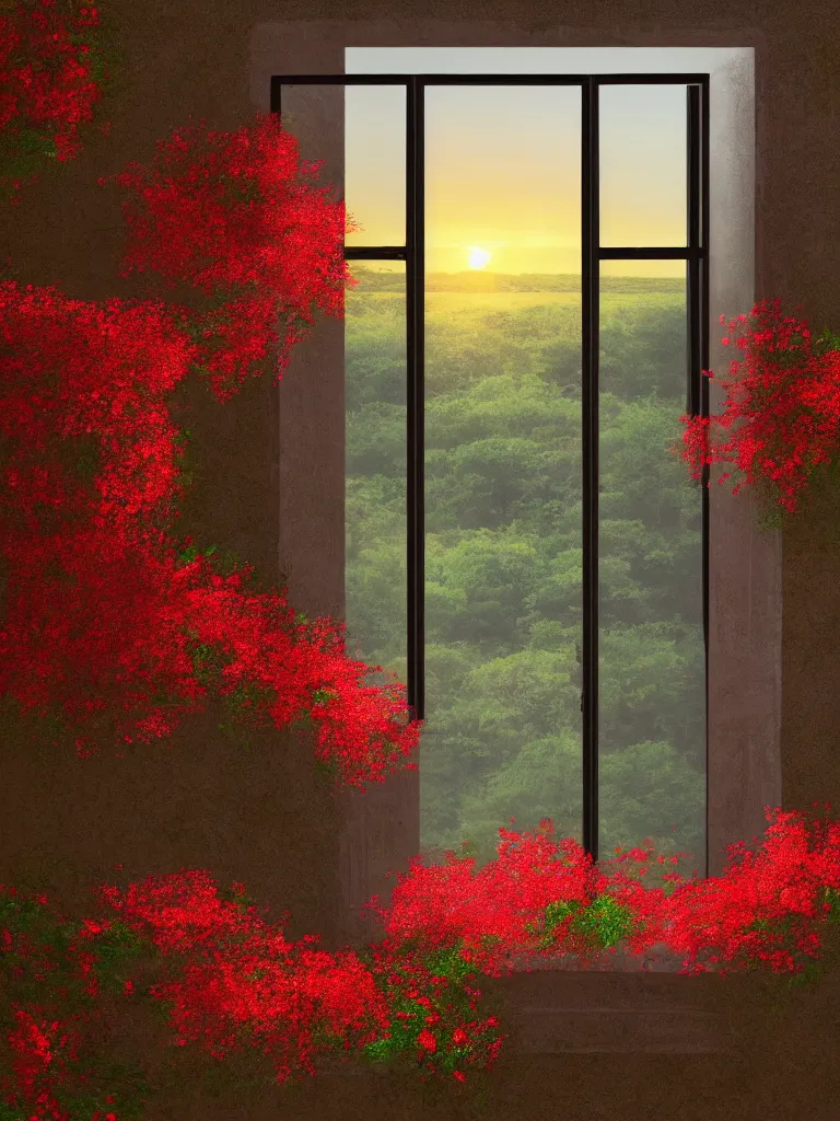 Image similar to a interior photo of a old house single window with view to the sunrise near some red flowers, hyperrealistic, digital painting, masterpiece, high quality, highly detailed, high coherence, path traced, serene landscape, beautiful, elegant, bloom, godrays, complementary colors, natural lighting, symmetrical, low contrast