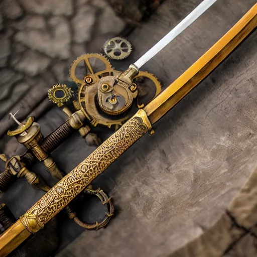 Prompt: product photography of a steampunk sword