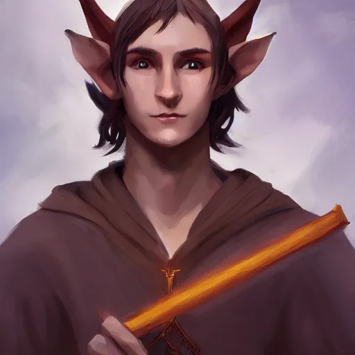 Image similar to An adolescent male half-elf wizard, focus on face, tall, slim, short brown hair, smiling, wizard robes, staff, sharp focus, highly detailed, photograph, still, cinematic, dynamic lighting, trending on artstation, digital painting, in the style of Chris Ostrowski