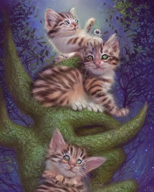 Prompt: an adorable cheshire kitten asleep in a tree | highly detailed | very intricate | symmetrical | whimsical and magical | soft cinematic lighting | award - winning wonderland | painted by donato giancola and paul lehr and ross tran | pastel color palette | featured on artstation