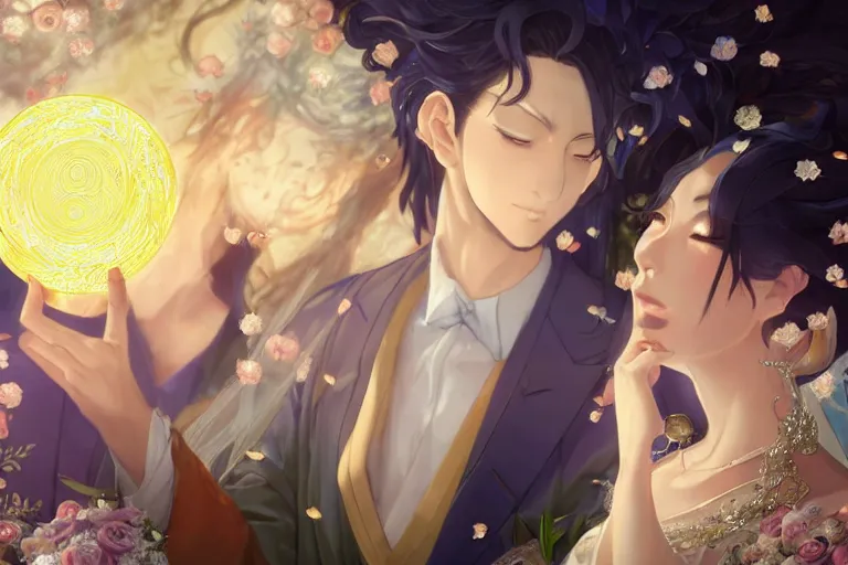 Image similar to a dreamlike portrait of wedding close up moment of a divine a japan sun god and moon goddess lovers magician at a wedding banquet. highly detailed, digital painting, fantasy wedding screen, 8 k realistic, hyper detailed, by makoto shinkai and akihiko yoshida and hidari and wlop