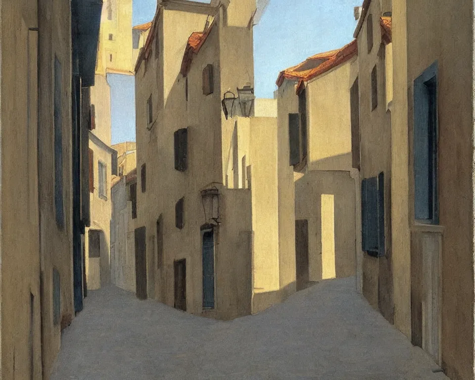 Prompt: a quaint, narrow italian street by hopper