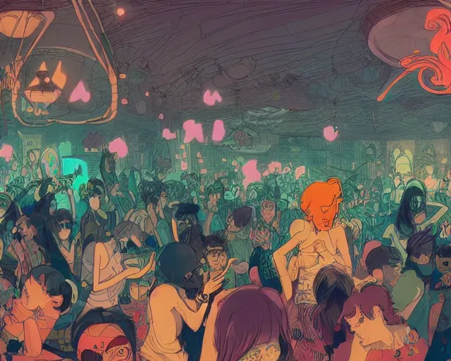 Image similar to a study of cell shaded cartoon of fairies raving in a nightclub, illustration, wide shot, subtle colors, post grunge, concept art by josan gonzales and wlop, by james jean, Victo ngai, David Rubín, Mike Mignola, Laurie Greasley, highly detailed, sharp focus, alien, Trending on Artstation, HQ, deviantart, art by artgem