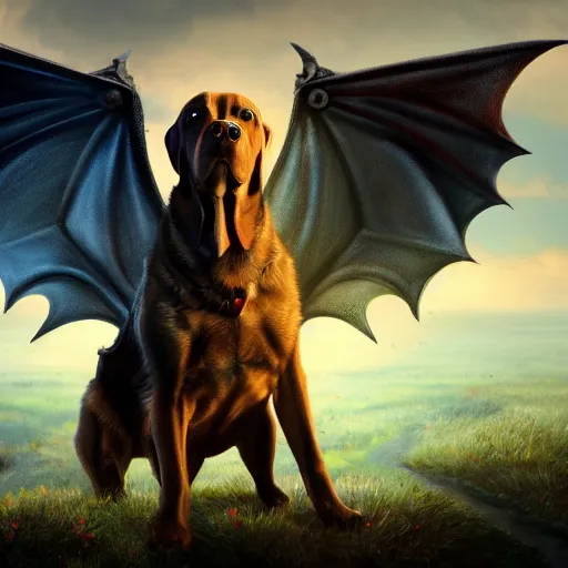 Prompt: a painting of a dog with dragon wings, hd, hdr, ue 5, ue 6, unreal engine 5, cinematic 4 k wallpaper, 8 k, ultra detailed, high resolution, artstation, award winning