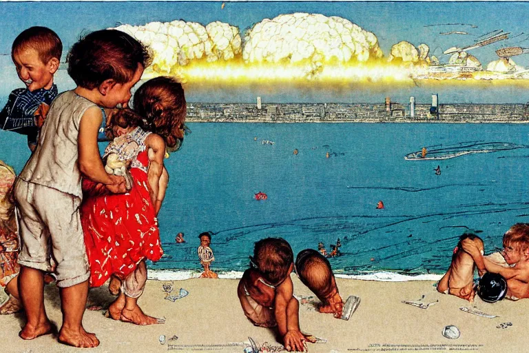 Image similar to children playing at the beach, huge atomic explosion in the background, view from above, detailed, by norman rockwell, by mattias adolfsson, by moebius, oil on canvas,