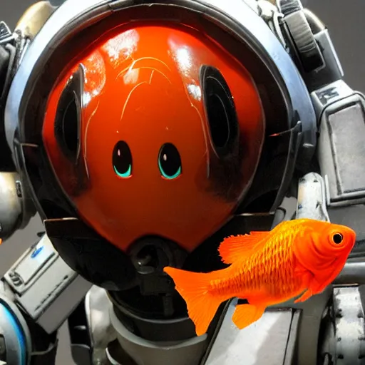 Image similar to a goldfish in the head of a mech suit,