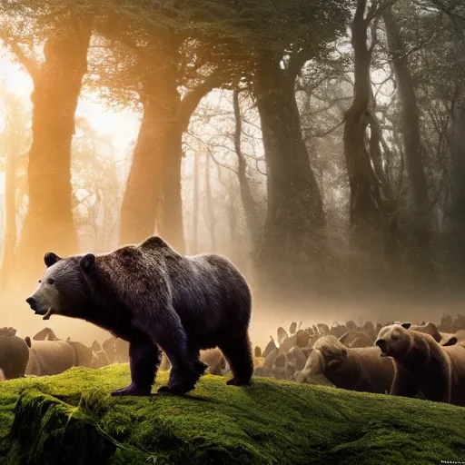 Prompt: an army of bears facing an army of bulls, magical forest, fantasy, Ireland, England, king Arthur, Lord of the rings, cinematic, realistic style, beautiful, majestic, dramatic lighting, early morning, dawn CGsociety, realistic, hyper maximalist, golden ratio, octane render, rule of thirds, wide shot , 8k resolution, epic volumetric light, cinematography, concept art, Artstation trending, environments, fantasy