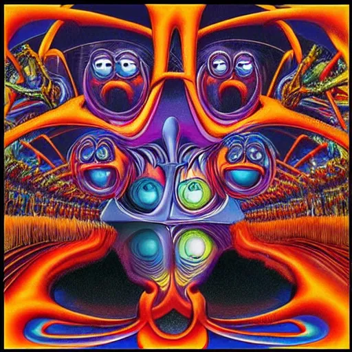 Image similar to animal the muppet on tool album cover, 8 k resolution hyperdetailed scary dystopian surrealism style of alex grey