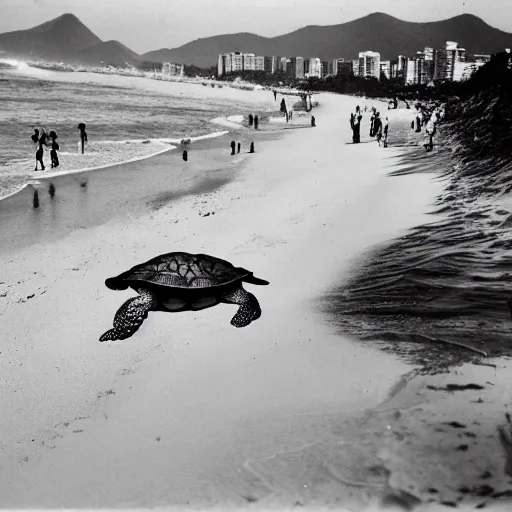 Prompt: mega turtle invading rio de janeiro in 1895, black and white historical picture, good quality, during daytime, at the beach, panic