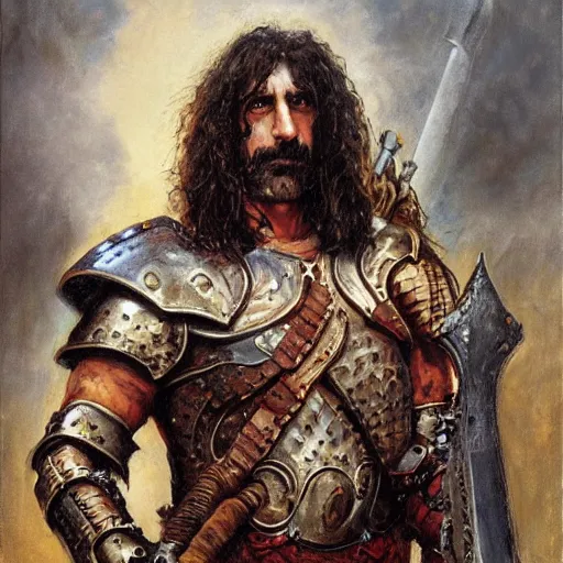 Image similar to portrait of frank zappa wearing armor and holding sword by frank fazetta, fantasy, barbarian