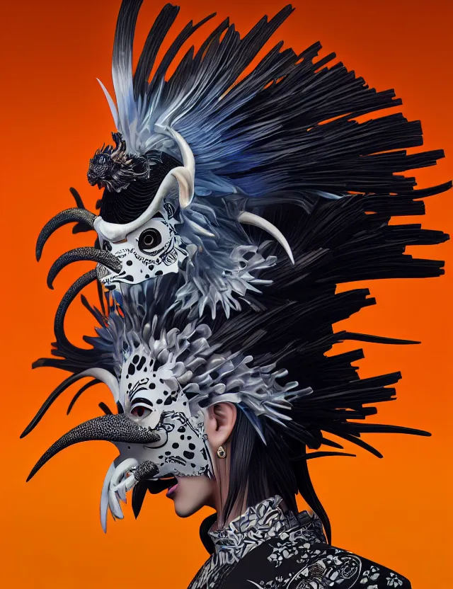 Image similar to 3 d goddess close - up profile simple portrait punk with mohawk with goat skull. beautiful intricately detailed japanese crow kitsune mask and clasical japanese kimono. betta fish, jellyfish phoenix, bio luminescent, plasma, ice, water, wind, creature, artwork by tooth wu and wlop and beeple and greg rutkowski