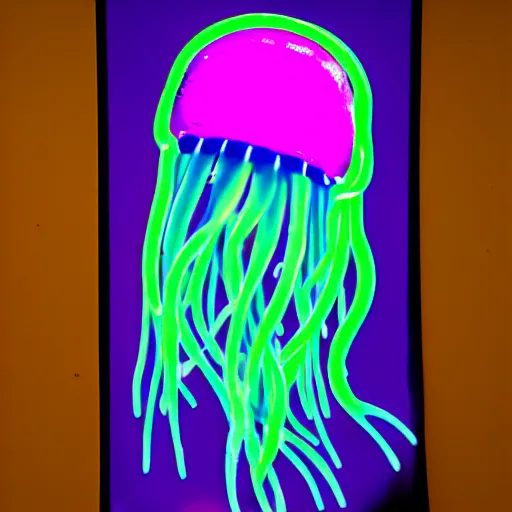 Prompt: a blacklight poster of a neon jellyfish