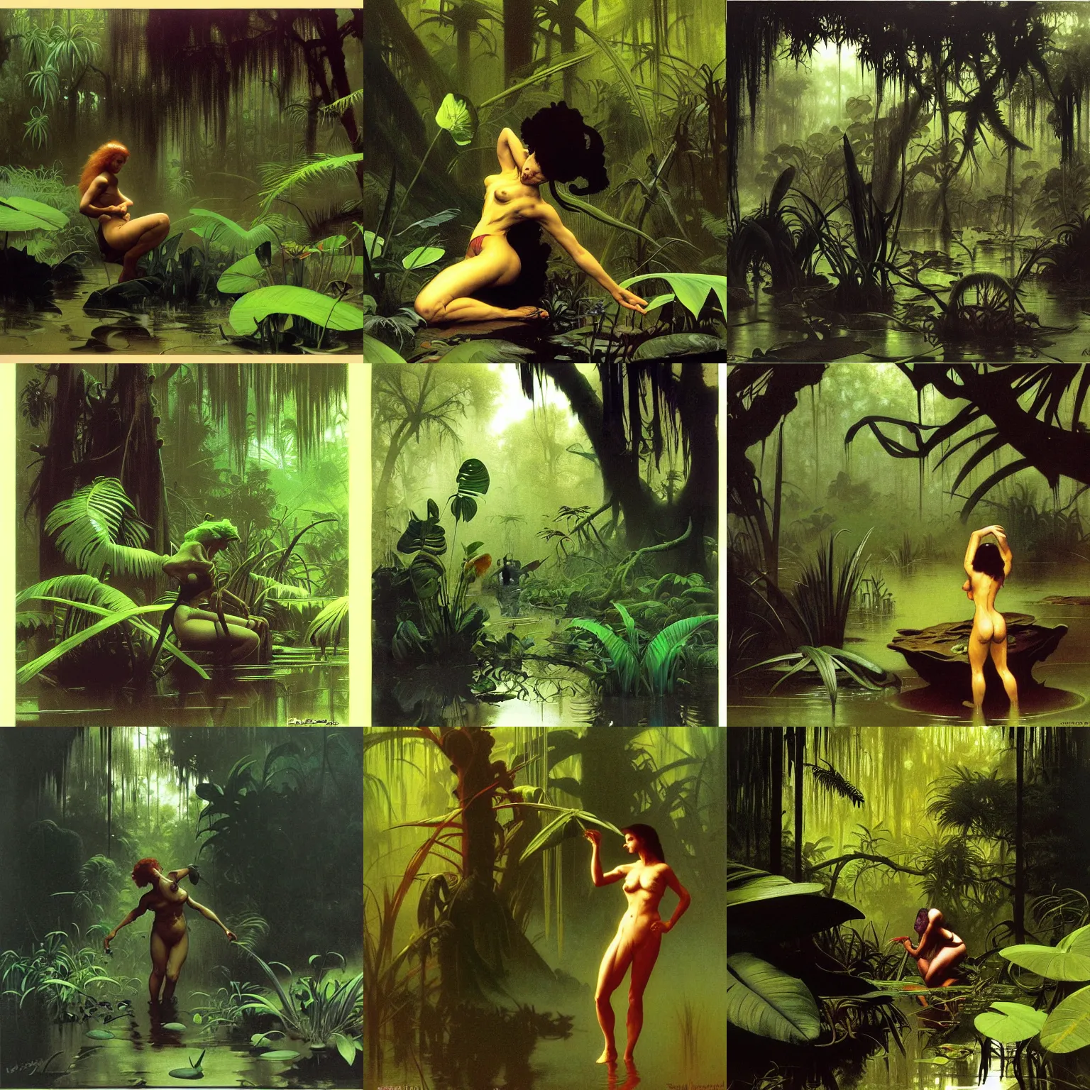 Prompt: swamp bayou humid damp flora fauna by syd mead, frank frazetta, ken kelly, simon bisley, richard corben, william - adolphe bouguereau