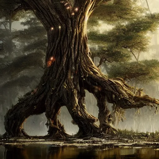 Image similar to 🍺💪🤖. a beautiful tree in the middle of a swamp, digital Art, Greg rutkowski, Trending artstation, cinematic