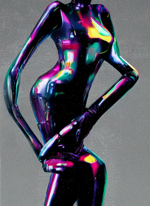 Image similar to futuristic lasers tracing, colorsmoke, leather fullbodysuit, pyramid hoodvisor, raindrops, wet, oiled, beautiful cyborg girl, by steven meisel, kaws, rolf armstrong, mondrian, kandinsky, perfect geometry abstract acrylic, octane hyperrealism photorealistic airbrush collage painting, dark monochrome, fluorescent colors, minimalist rule of thirds, eighties eros