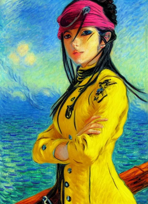 Image similar to a portrait of a female pirate, electric yellow uniform, very anime in impressionist style, anime trending artwork, anime painter studio, by claude monet