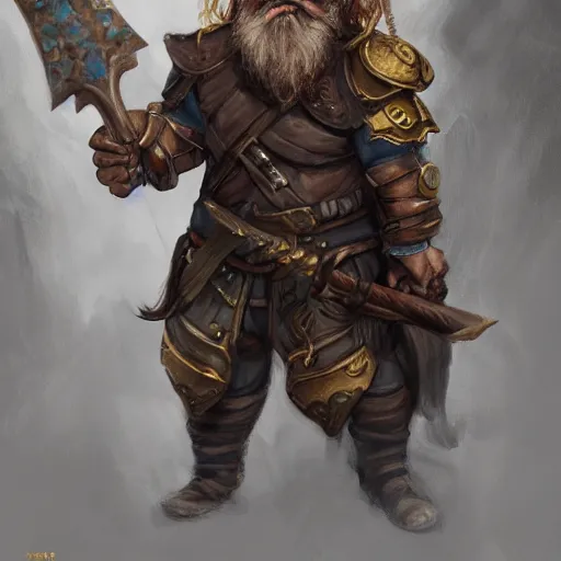 Prompt: High Fantasy whimsical portrait painting of a bearded dwarf holding a battleaxe, leg high, fantasy clothing, golden shoulder pauldrons, cgsociety, trending on artstation, dnd