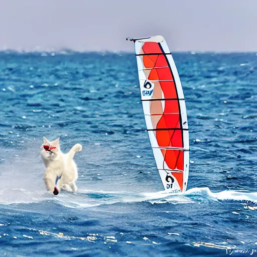 Prompt: A ragdoll cat windsurfing, cool, impressive, skilled, cartoon