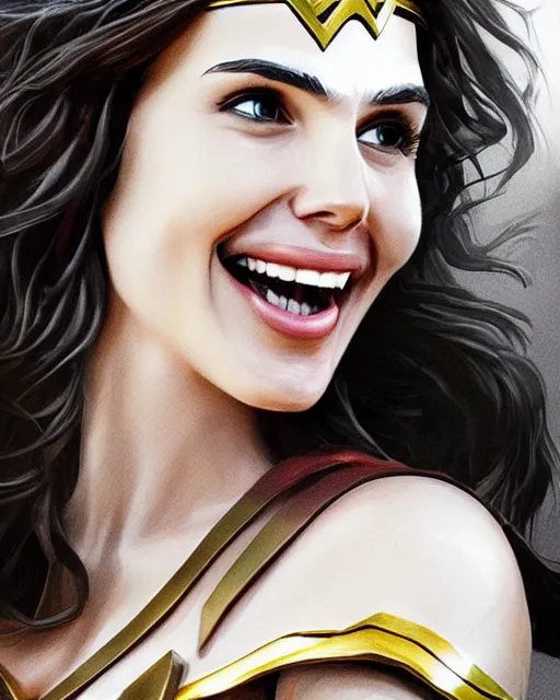 Image similar to cu portrait photo of a smiling gal gadot playfully sticking out her tongue while dressed as wonder woman, photorealistic, trending on artstation