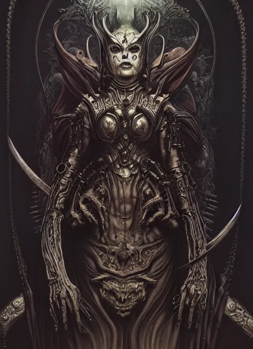 Image similar to masterpiece portrait of an beautiful satanic demon with gothic armor, surrounded by black liquid occult swirls, horror, dramatic lighting, h. r. giger, beksinski, alphonse mucha, artgerm, donato giancola, tom bagshaw, trending on cgsociety, octane render, 8 k