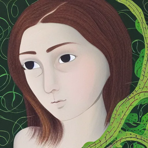 Prompt: “side profile of young woman with her eyes covered by vines”