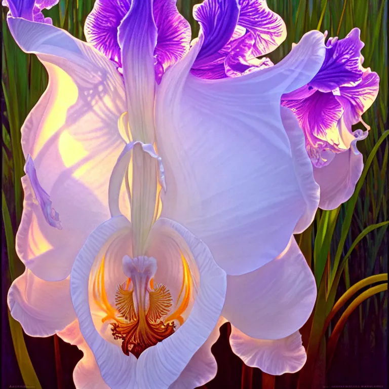 Image similar to detailed giant white holographic orchid iris hybrid flower, lsd water, lsd ripples, droplets, backlit, sunset, refracted lighting, art by collier, albert aublet, krenz cushart, artem demura, alphonse mucha