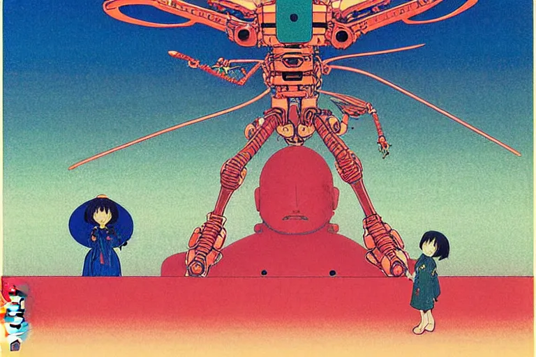 Image similar to gigantic dragonflies with human faces catch tiny robots, a lot of exotic mechas robots around, human heads everywhere, risograph by kawase hasui, edward hopper, satoshi kon and moebius, no text!, colorful flat surreal design, super - detailed, a lot of tiny details, fullshot