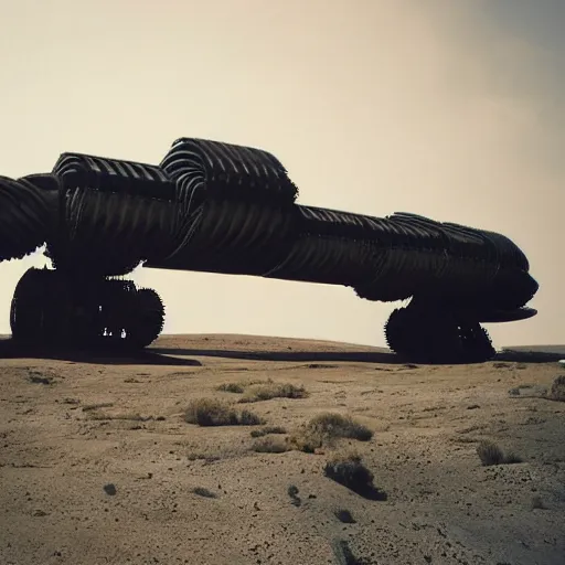 Prompt: SciFi industrial futuristic Brutalism brutalistic huge carrying vehicle desert